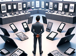 Personne comparant plusieurs liseuses numériques