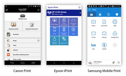Captures d'écran des applications Canon Print, Epson iPrint et Samsung Mobile Print