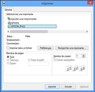 Boîte de dialogue impression Windows avec une imprimante Epson